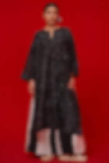 Black Silk Chanderi Hand Block Printed Tunic by STOIQUE at Pernia's Pop Up Shop