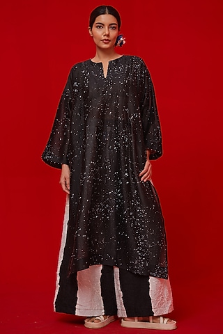 Black Silk Chanderi Hand Block Printed Tunic by STOIQUE