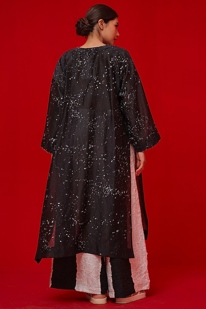Black Silk Chanderi Hand Block Printed Tunic by STOIQUE at Pernia's Pop Up Shop