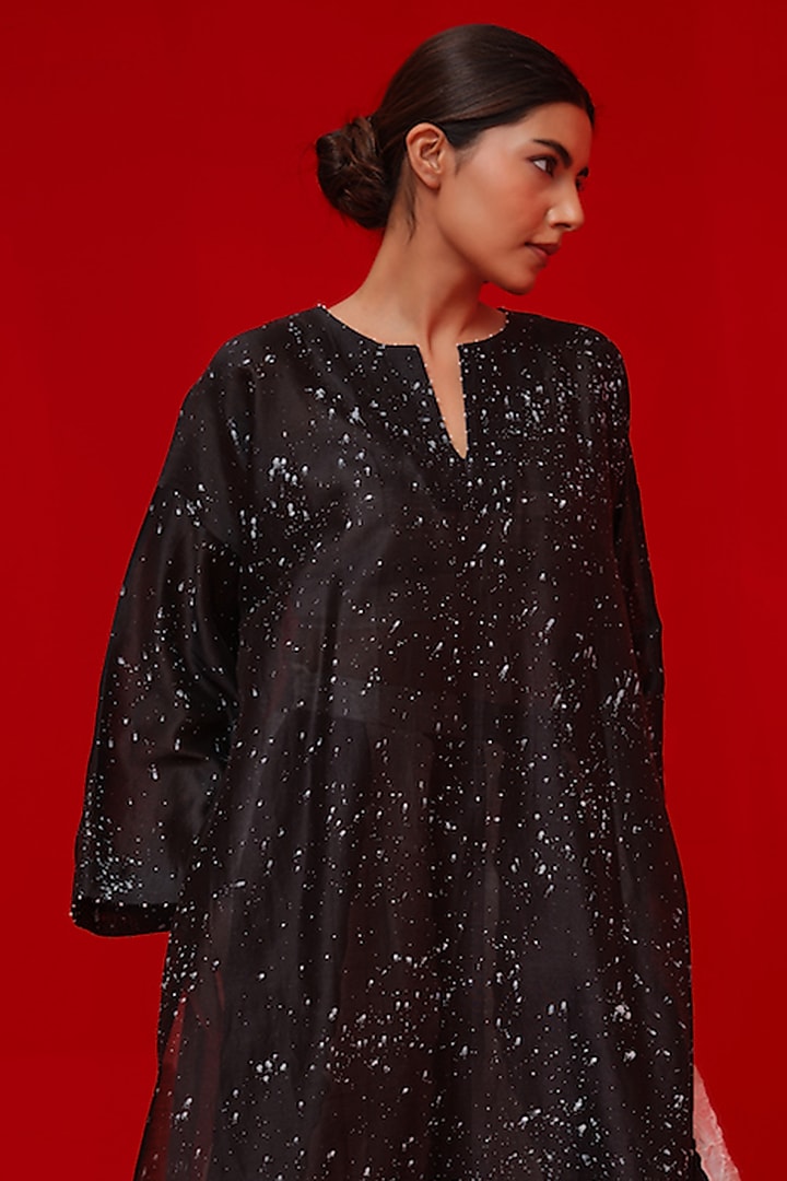 Black Silk Chanderi Hand Block Printed Tunic by STOIQUE at Pernia's Pop Up Shop