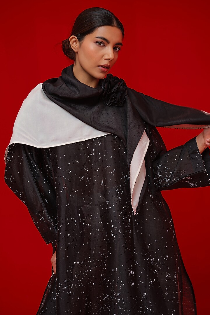 Black Mysore Silk Color Blocked Square Scarf by STOIQUE at Pernia's Pop Up Shop