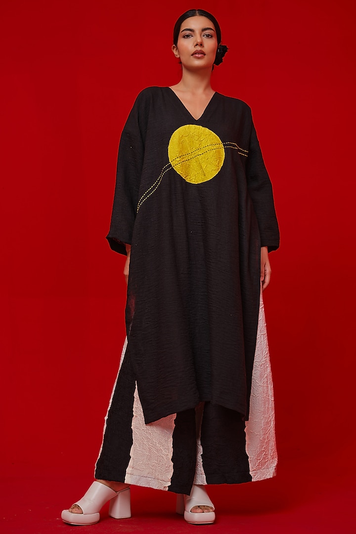 Black & Yellow Linen Silk Applique Work Tunic by STOIQUE at Pernia's Pop Up Shop