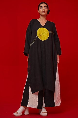Black & Yellow Linen Silk Applique Work Tunic by STOIQUE