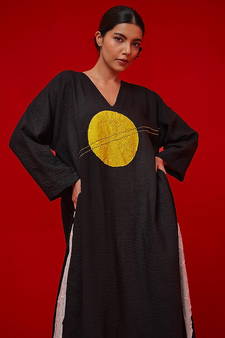 Black & Yellow Linen Silk Applique Work Tunic by STOIQUE at Pernia's Pop Up Shop