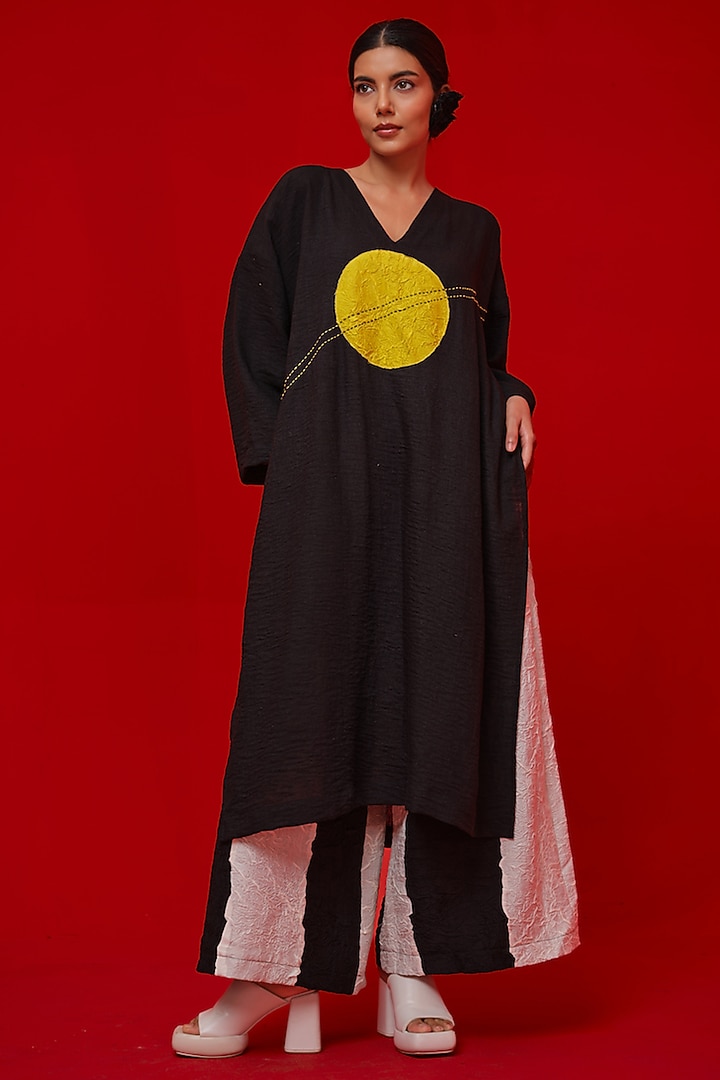 Black & Yellow Linen Silk Applique Work Tunic by STOIQUE at Pernia's Pop Up Shop