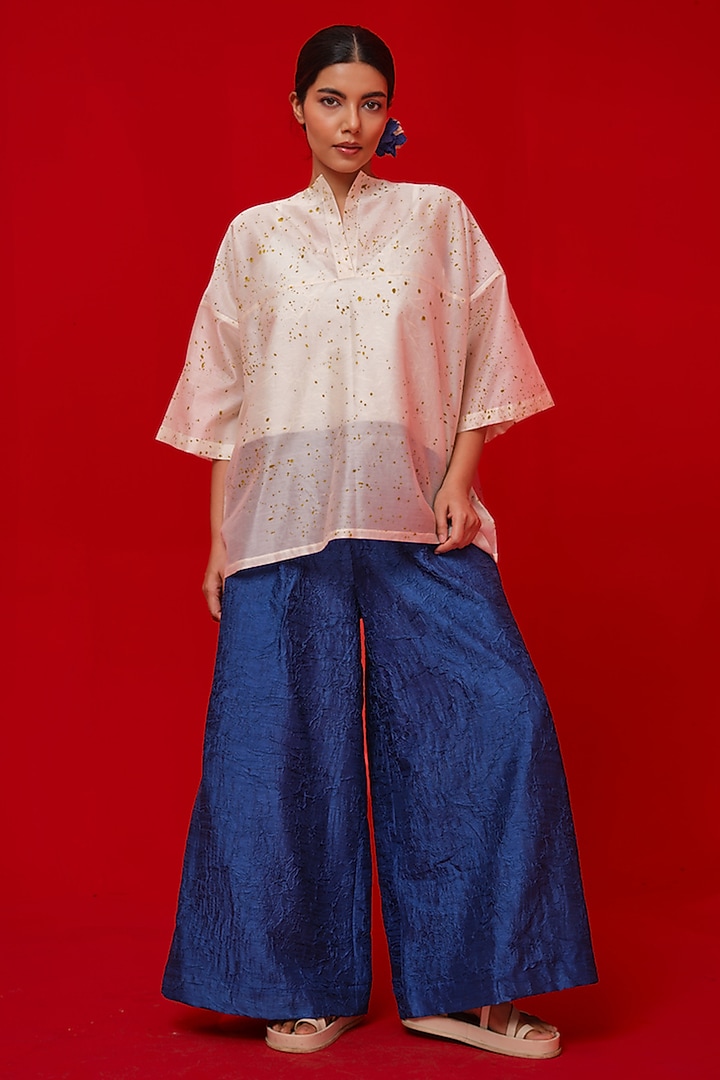 Ivory & Mustard Silk Chanderi Hand Block Printed Top by STOIQUE at Pernia's Pop Up Shop
