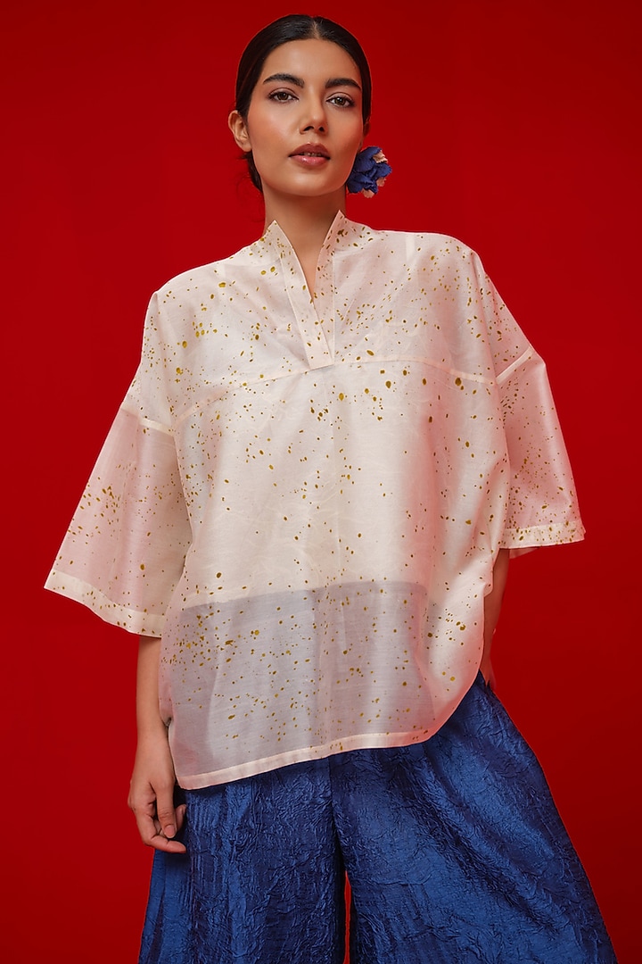 Ivory & Mustard Silk Chanderi Hand Block Printed Top by STOIQUE at Pernia's Pop Up Shop