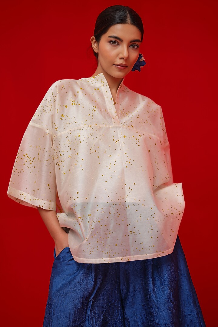Ivory & Mustard Silk Chanderi Hand Block Printed Top by STOIQUE at Pernia's Pop Up Shop