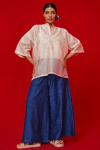 Water Blue Hand Crushed Silk Relaxed-Fit Pants by STOIQUE