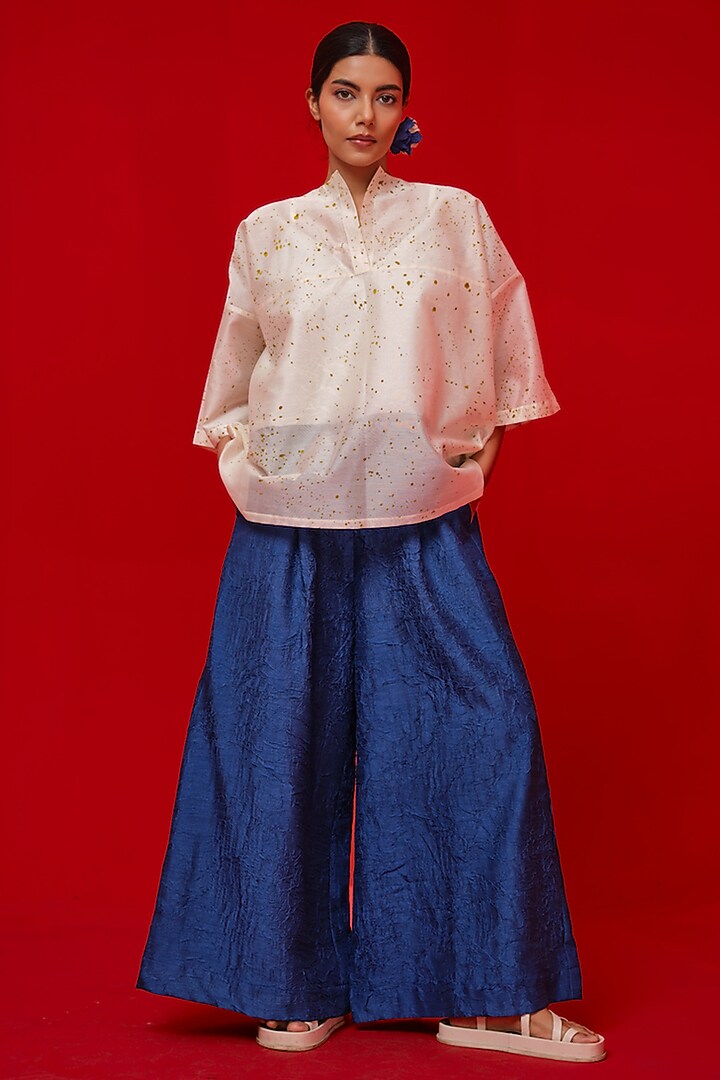 Water Blue Hand Crushed Silk Relaxed-Fit Pants by STOIQUE at Pernia's Pop Up Shop