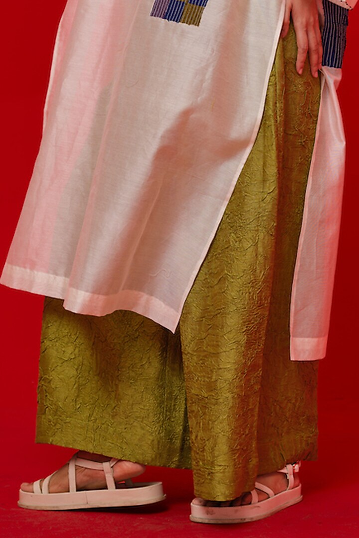 Leaf Green Hand Crushed Silk Relaxed-Fit Pants by STOIQUE at Pernia's Pop Up Shop