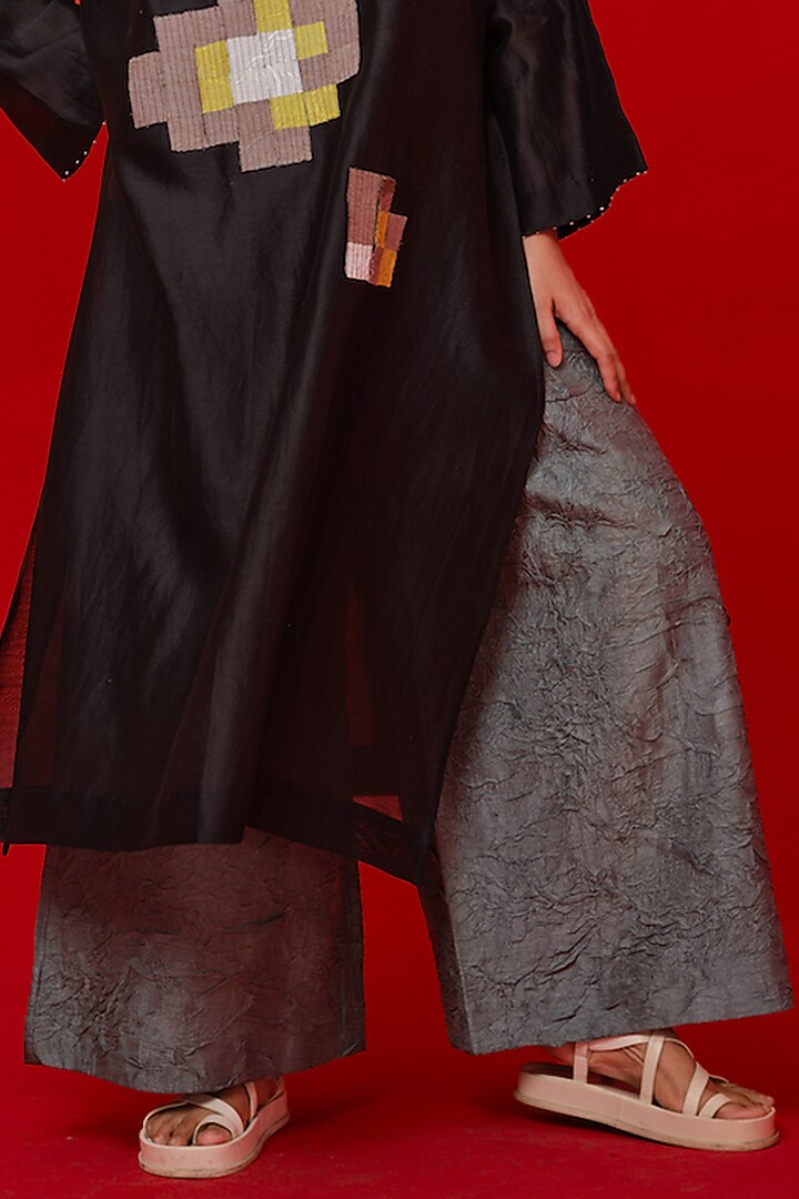 Teal Hand Crushed Silk Relaxed-Fit Pants by STOIQUE at Pernia's Pop Up Shop