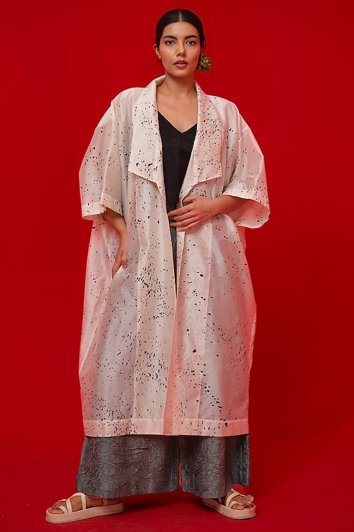 Ivory & Black Silk Chanderi Hand Block Printed Overlay by STOIQUE at Pernia's Pop Up Shop