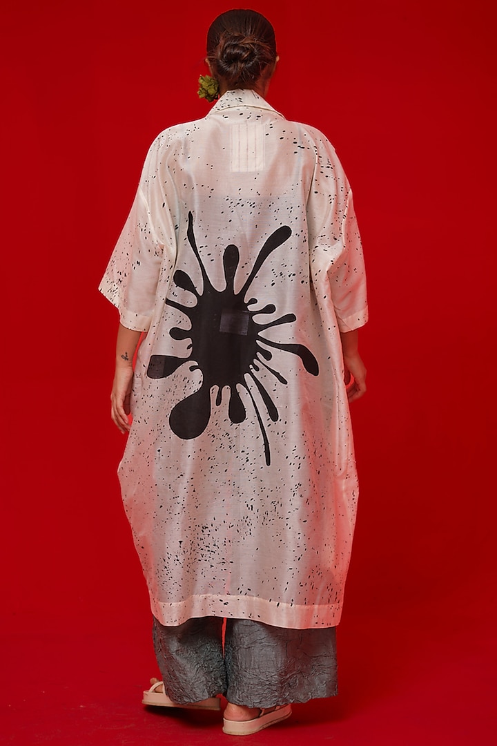 Ivory & Black Silk Chanderi Hand Block Printed Overlay by STOIQUE at Pernia's Pop Up Shop