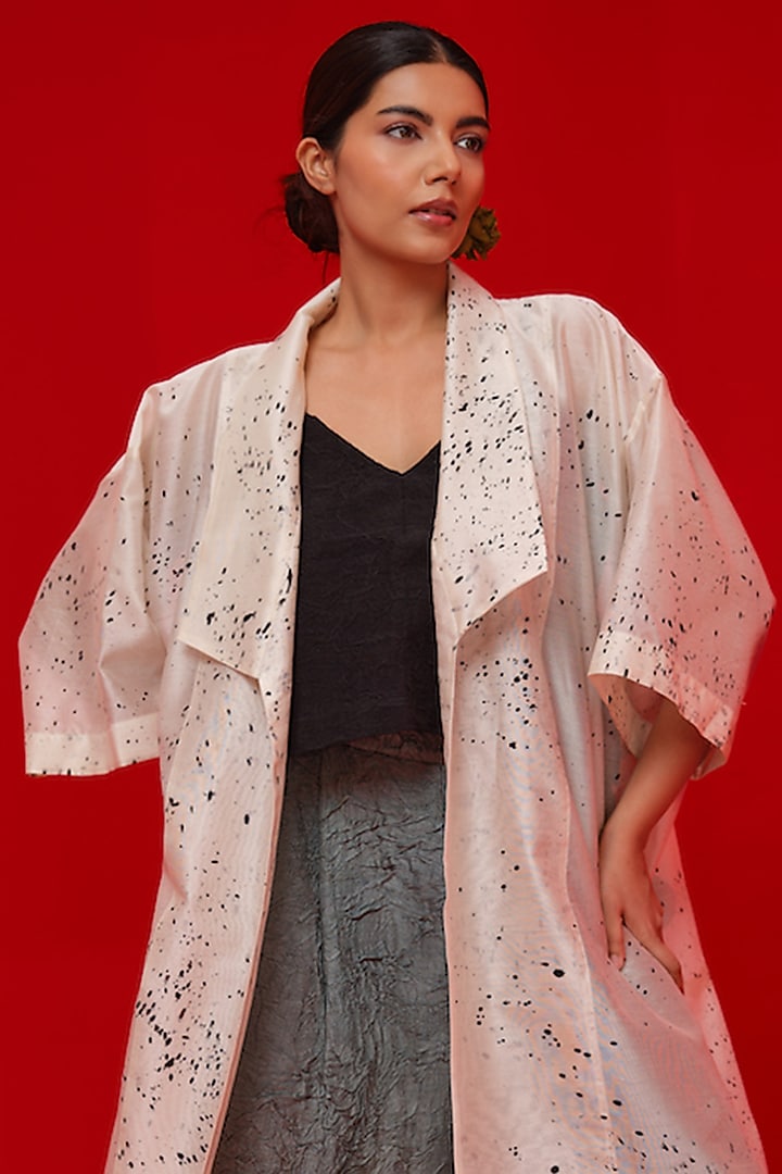Ivory & Black Silk Chanderi Hand Block Printed Overlay by STOIQUE at Pernia's Pop Up Shop