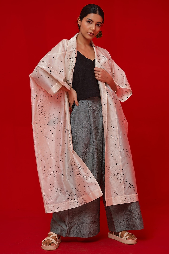 Ivory & Black Silk Chanderi Hand Block Printed Overlay by STOIQUE at Pernia's Pop Up Shop