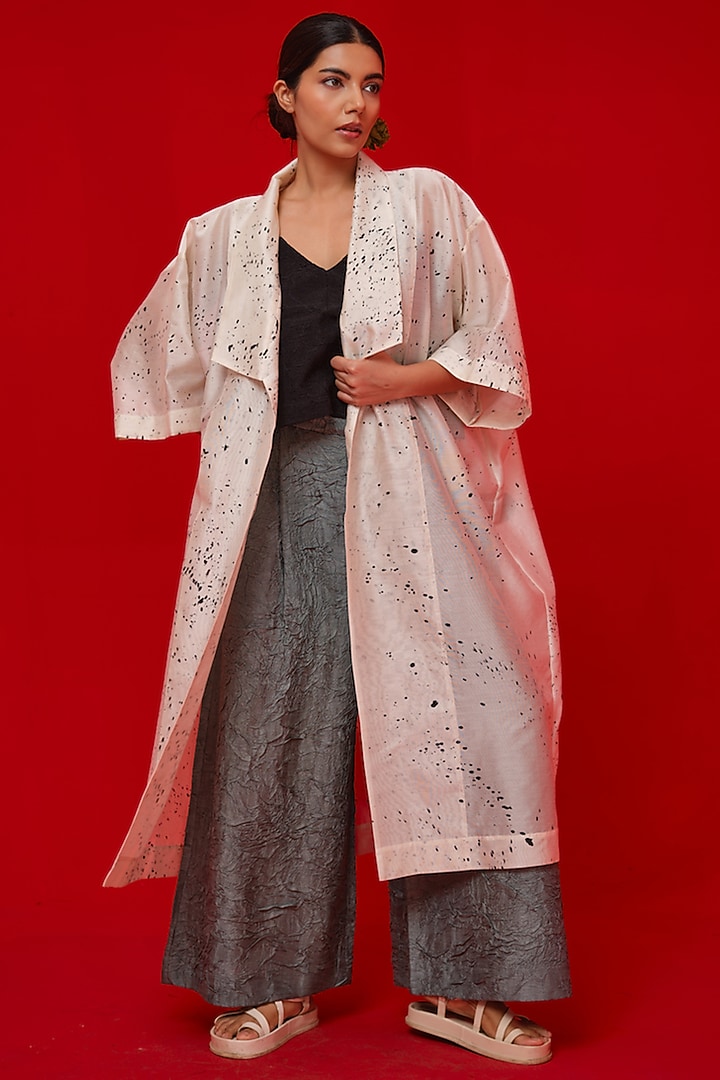 Ivory & Black Silk Chanderi Hand Block Printed Overlay by STOIQUE at Pernia's Pop Up Shop