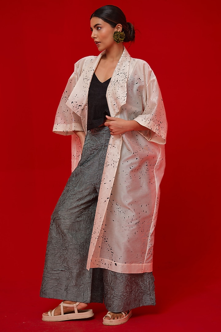 Ivory & Black Silk Chanderi Hand Block Printed Overlay by STOIQUE at Pernia's Pop Up Shop