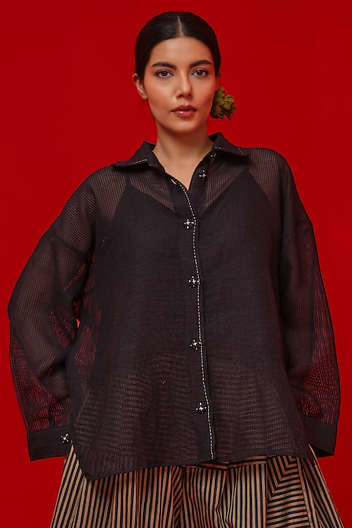 Black Handwoven Cotton Oversized Shirt by STOIQUE at Pernia's Pop Up Shop