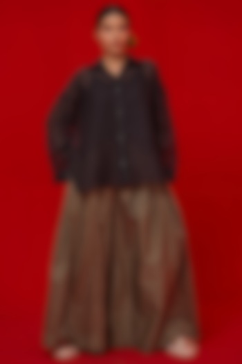 Black & Beige Italian Cotton Stripe Printed Flared Pants by STOIQUE at Pernia's Pop Up Shop