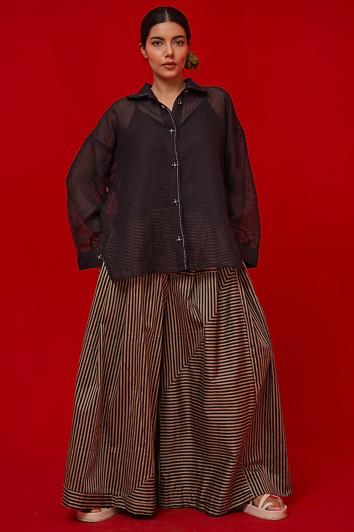 Black & Beige Italian Cotton Stripe Printed Flared Pants by STOIQUE at Pernia's Pop Up Shop