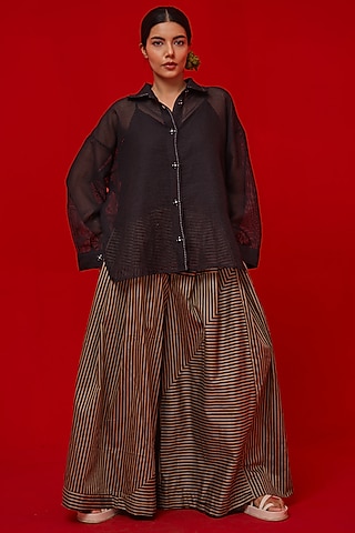 Black & Beige Italian Cotton Stripe Printed Flared Pants by STOIQUE