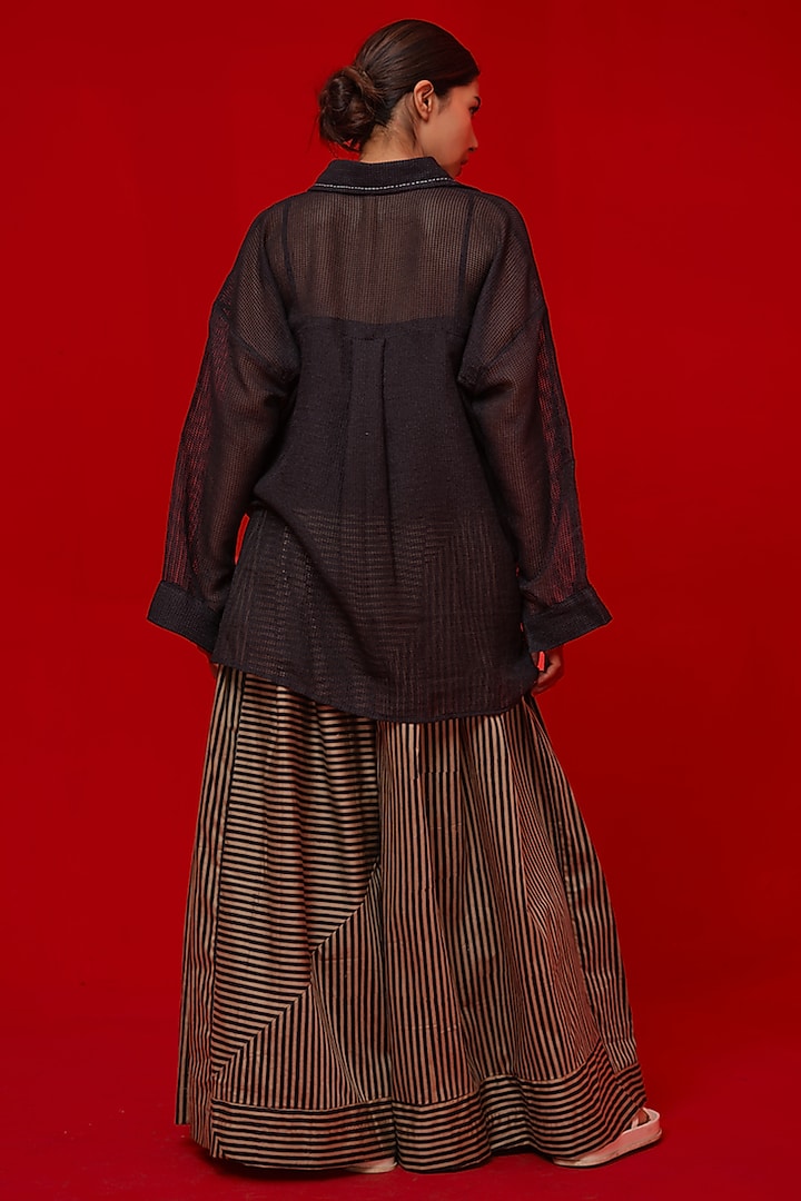 Black & Beige Italian Cotton Stripe Printed Flared Pants by STOIQUE at Pernia's Pop Up Shop