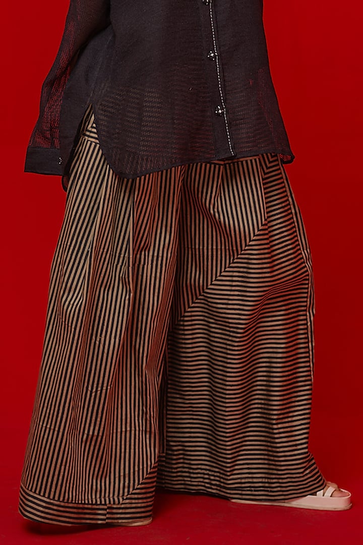 Black & Beige Italian Cotton Stripe Printed Flared Pants by STOIQUE at Pernia's Pop Up Shop