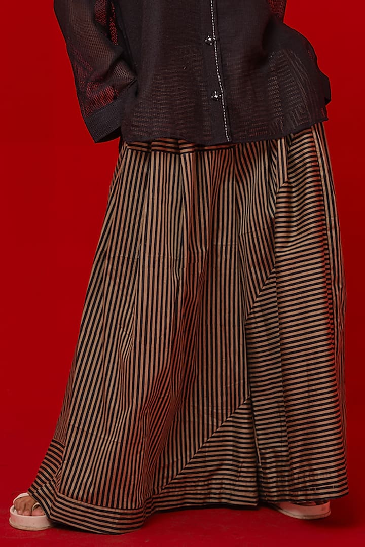 Black & Beige Italian Cotton Stripe Printed Flared Pants by STOIQUE at Pernia's Pop Up Shop