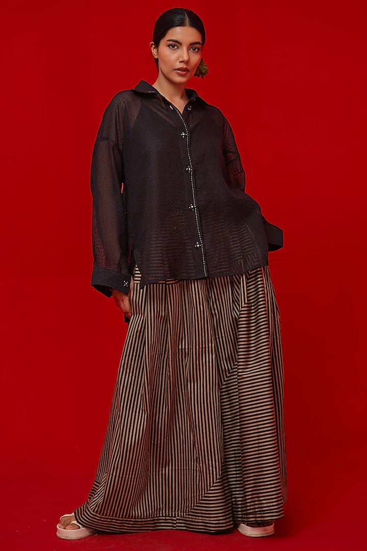 Black & Beige Italian Cotton Stripe Printed Flared Pants by STOIQUE at Pernia's Pop Up Shop