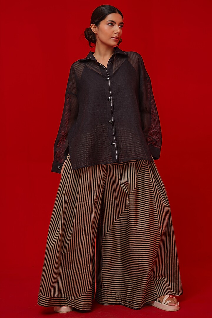 Black & Beige Italian Cotton Stripe Printed Flared Pants by STOIQUE at Pernia's Pop Up Shop