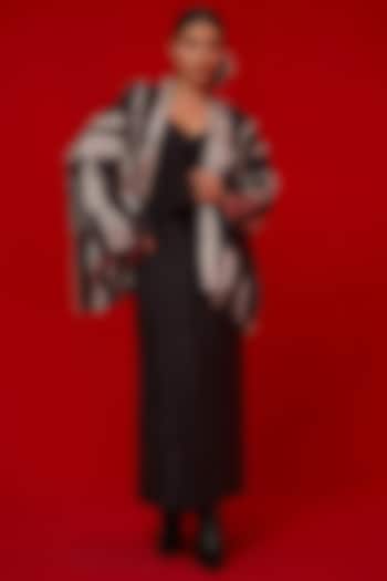 Black & Grey Satin Digital Printed Kimono-Style Overlay by STOIQUE at Pernia's Pop Up Shop