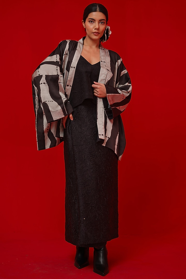 Black & Grey Satin Digital Printed Kimono-Style Overlay by STOIQUE at Pernia's Pop Up Shop