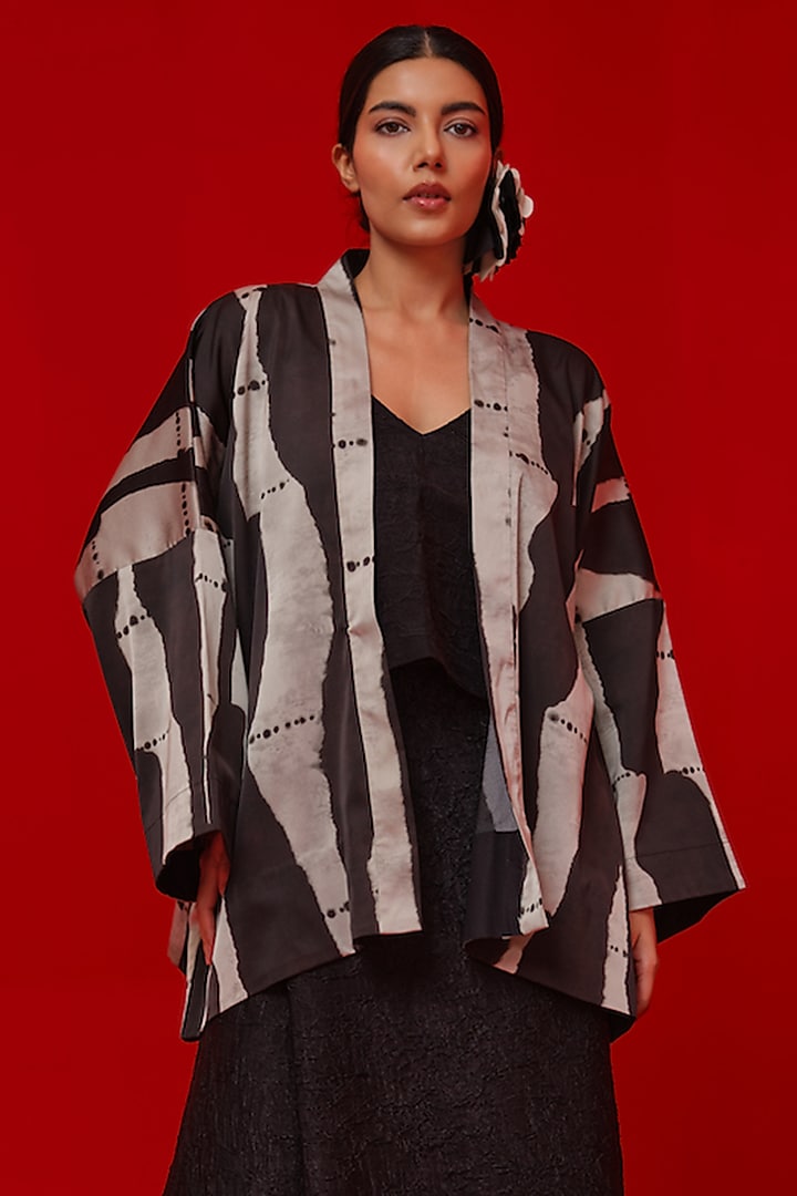 Black & Grey Satin Digital Printed Kimono-Style Overlay by STOIQUE at Pernia's Pop Up Shop