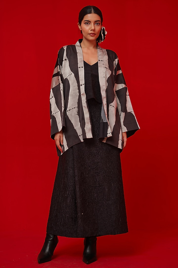 Black & Grey Satin Digital Printed Kimono-Style Overlay by STOIQUE at Pernia's Pop Up Shop
