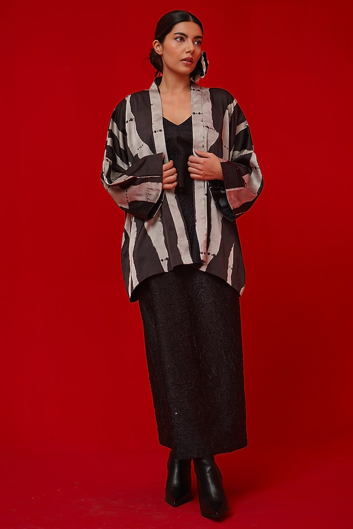 Black & Grey Satin Digital Printed Kimono-Style Overlay by STOIQUE at Pernia's Pop Up Shop