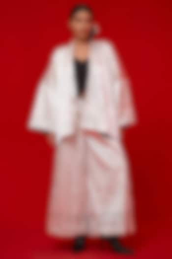 White Crushed Satin Block Printed Kimono-Style Overlay by STOIQUE at Pernia's Pop Up Shop