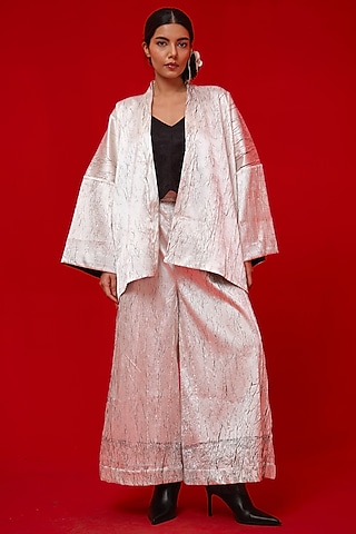White Crushed Satin Block Printed Kimono-Style Overlay by STOIQUE