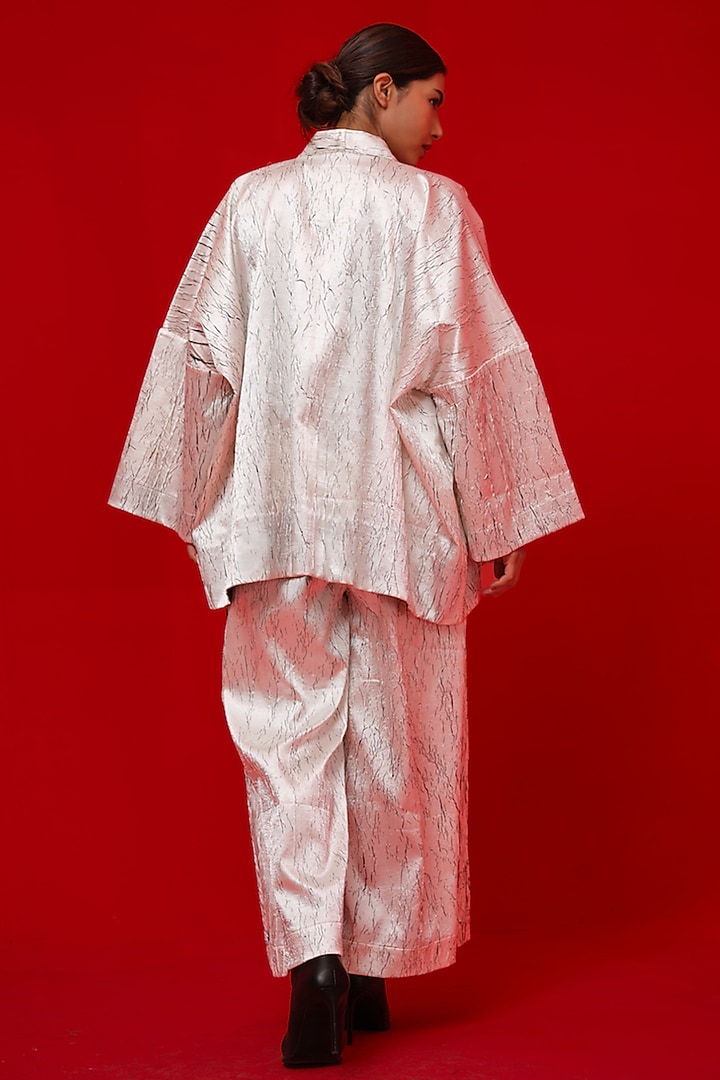 White Crushed Satin Block Printed Kimono-Style Overlay by STOIQUE at Pernia's Pop Up Shop