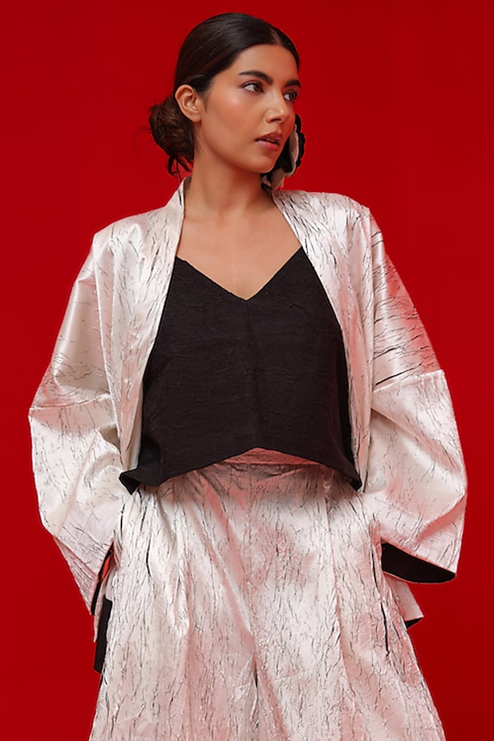 White Crushed Satin Block Printed Kimono-Style Overlay by STOIQUE at Pernia's Pop Up Shop