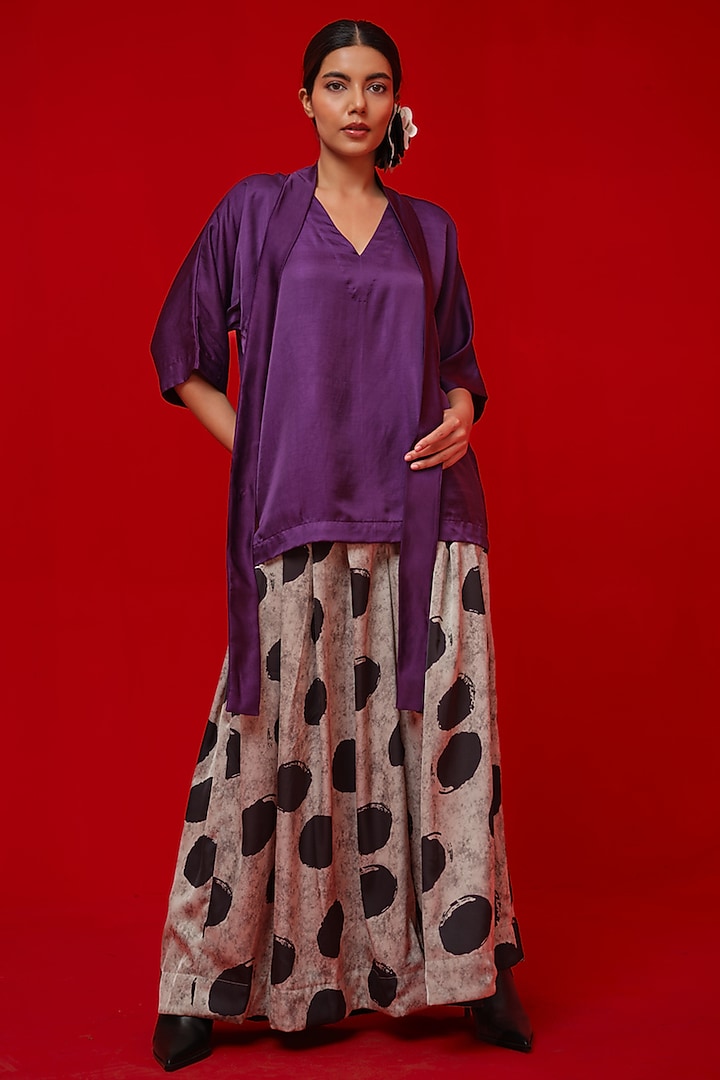 Black & Grey Satin Digital Printed Flared Pants by STOIQUE at Pernia's Pop Up Shop