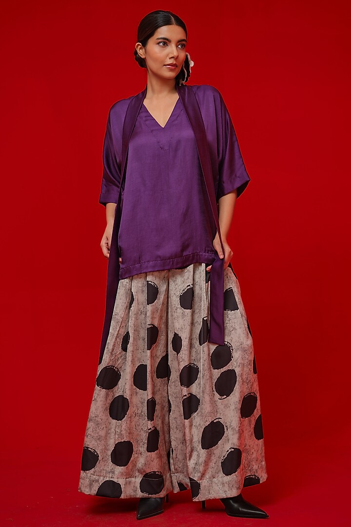 Black & Grey Satin Digital Printed Flared Pants by STOIQUE at Pernia's Pop Up Shop