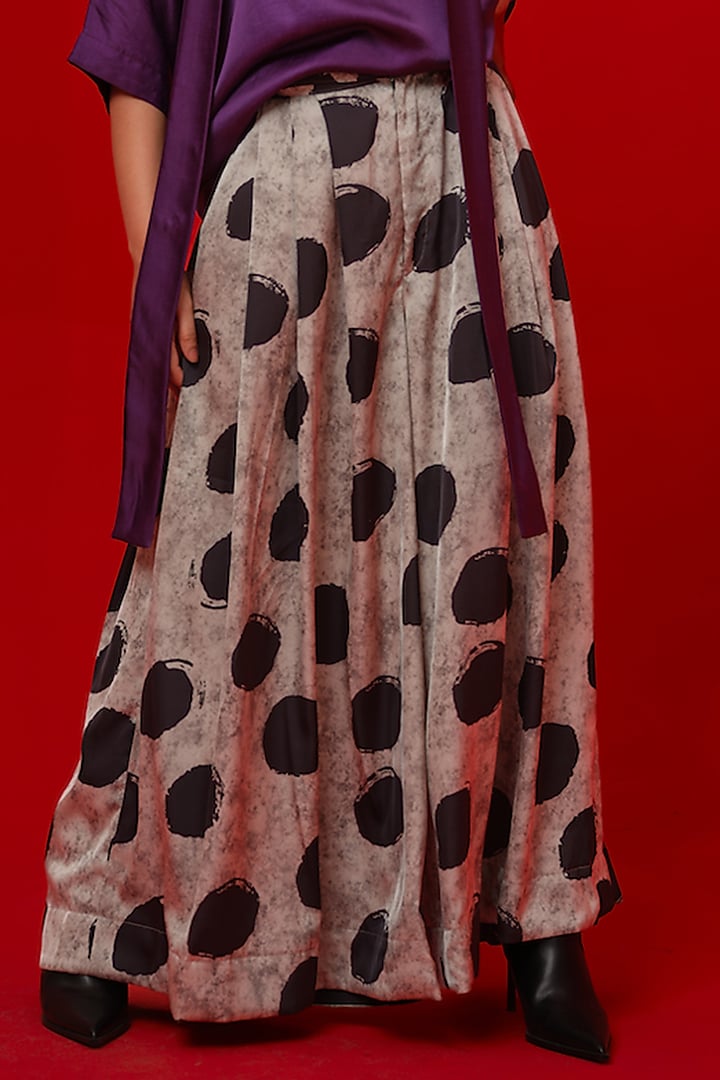 Black & Grey Satin Digital Printed Flared Pants by STOIQUE at Pernia's Pop Up Shop