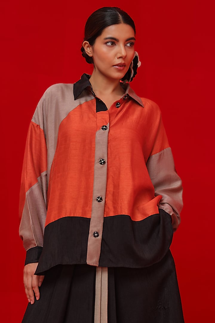 Black & Orange Soft Silk Patch Work Shirt by STOIQUE at Pernia's Pop Up Shop