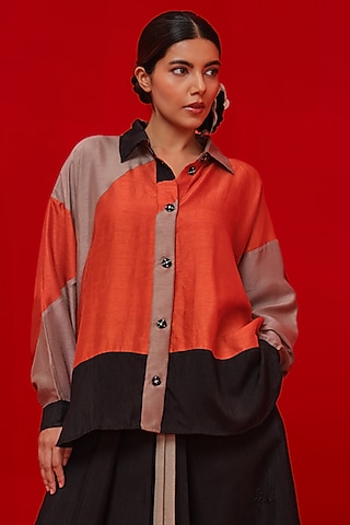 Black & Orange Soft Silk Patch Work Shirt by STOIQUE