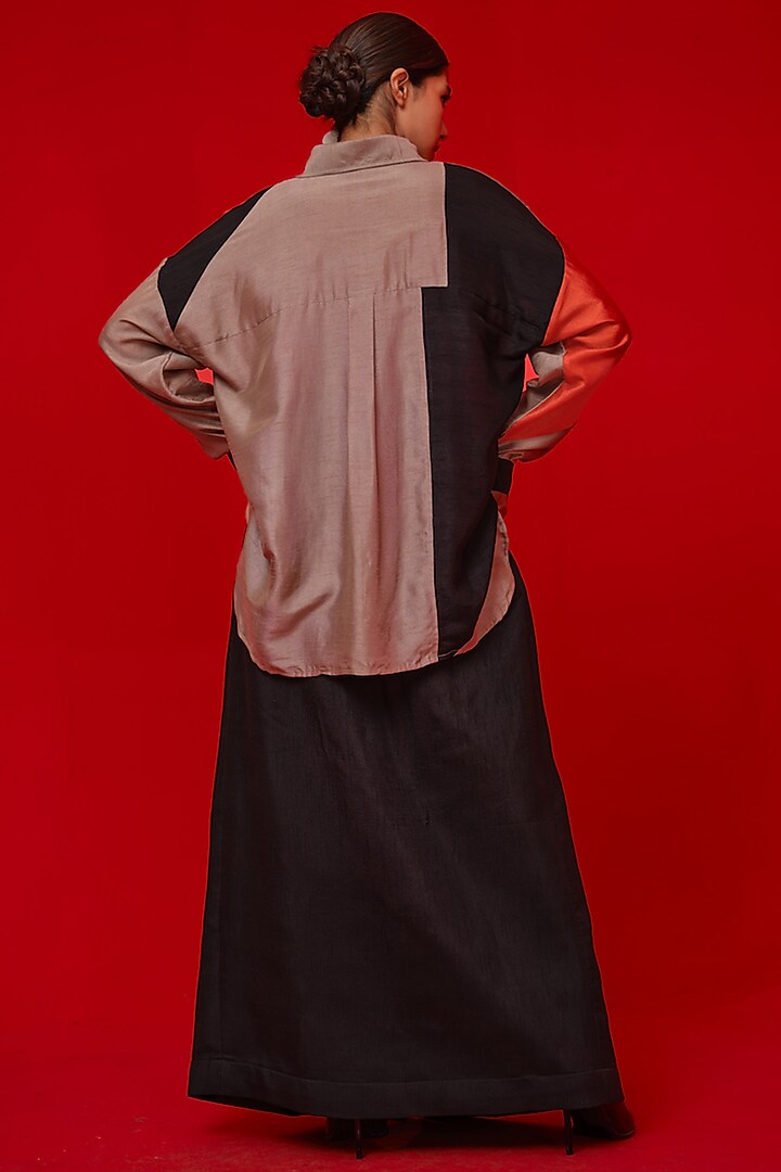 Black & Orange Soft Silk Patch Work Shirt by STOIQUE at Pernia's Pop Up Shop