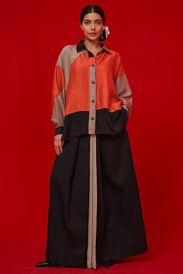 Black & Orange Soft Silk Patch Work Shirt by STOIQUE at Pernia's Pop Up Shop