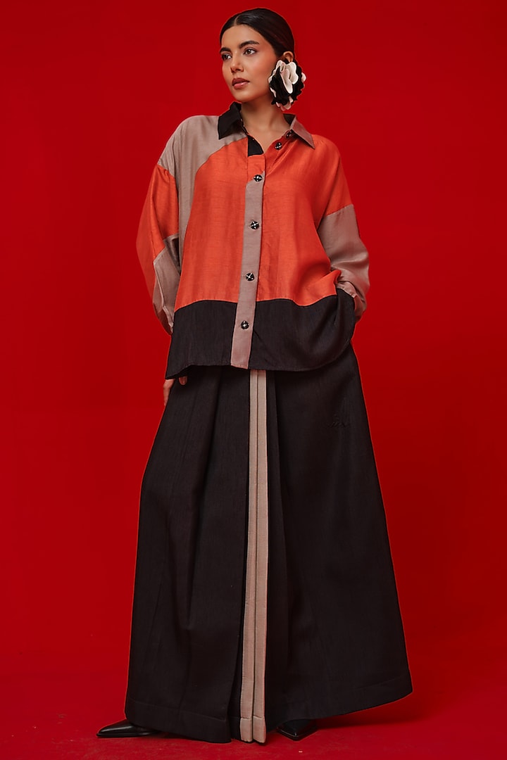 Black & Orange Soft Silk Patch Work Shirt by STOIQUE at Pernia's Pop Up Shop