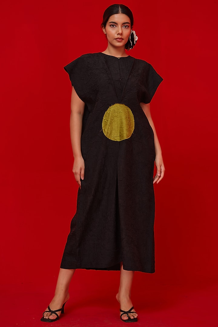 Black & Leaf Green Crushed Silk Summer Dress by STOIQUE at Pernia's Pop Up Shop