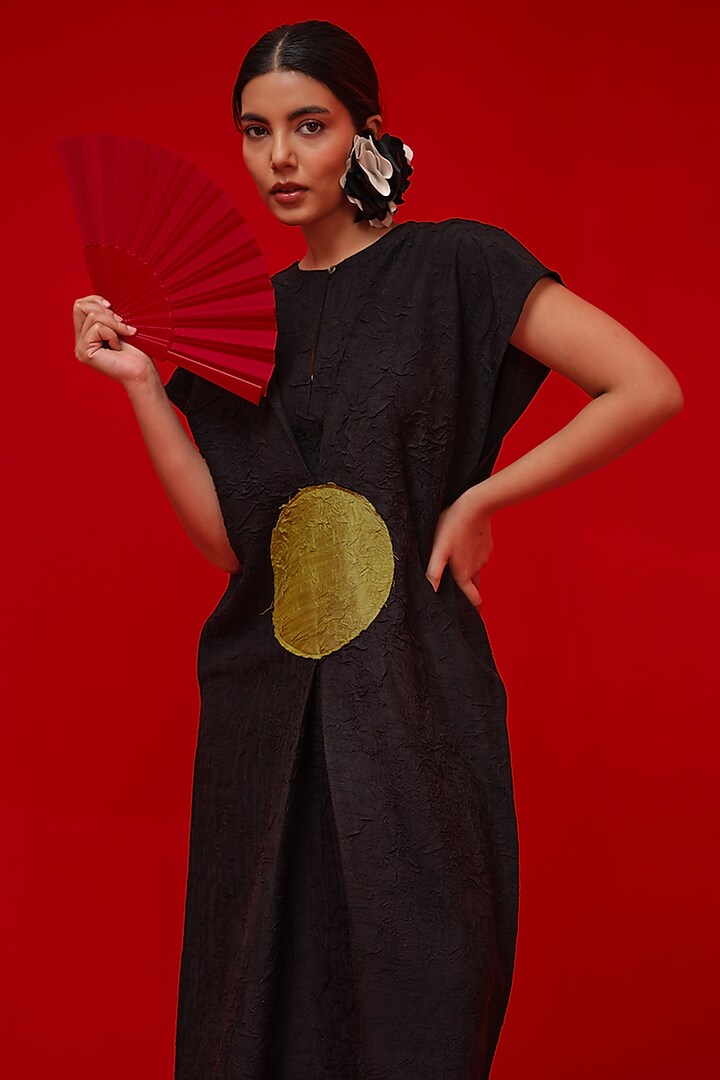 Black & Leaf Green Crushed Silk Summer Dress by STOIQUE at Pernia's Pop Up Shop